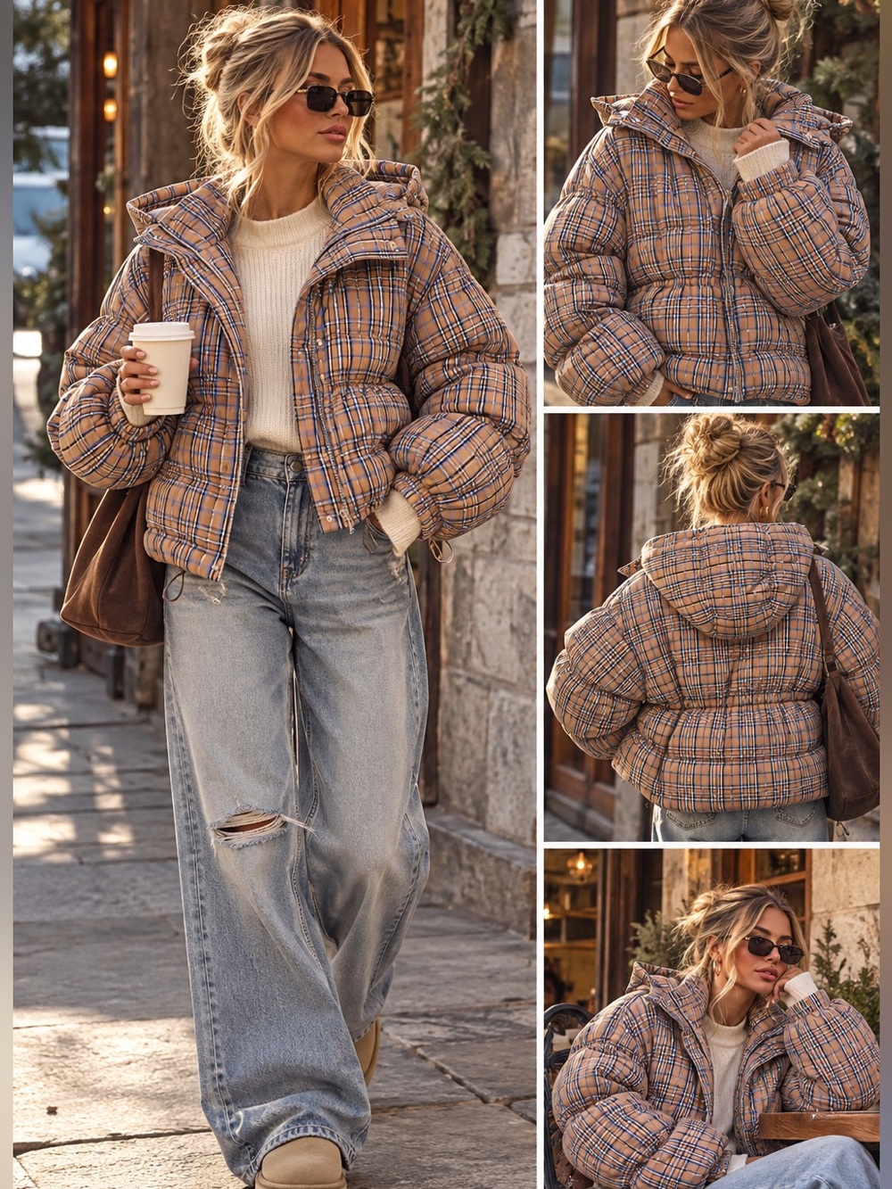Free People Party Of One Plaid Puffer Jacket Tan Combo L NWT Oversized
